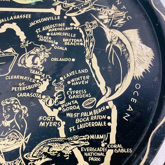 Vintage Florida Round Metal Tin Sourvenir Travel Map Trays Retro Decor 10.5" GUC - Picture 5 of 11